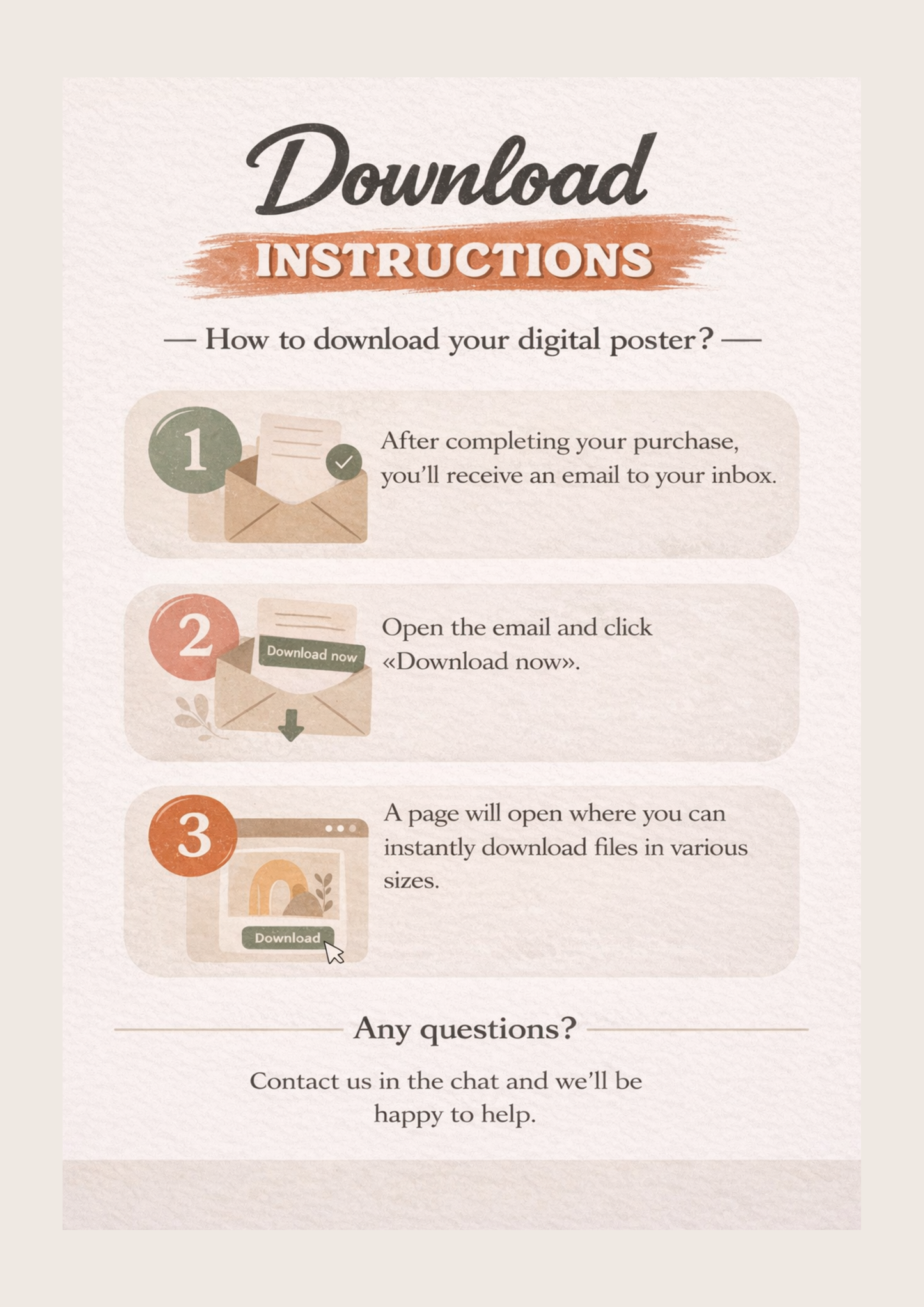 Step-by-step guide on how to download a digital poster with icons and text.