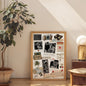 Room interior with a framed collage on the wall, potted plant, and wooden chair.