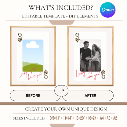 Editable Canva template before and after Queen playing card photo poster design