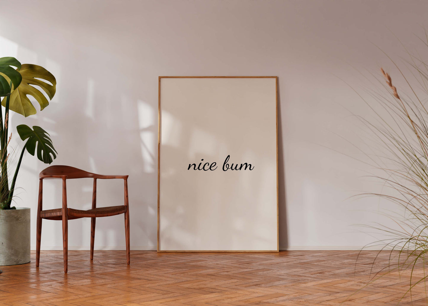 Neutral Scandinavian interior with humorous text poster
