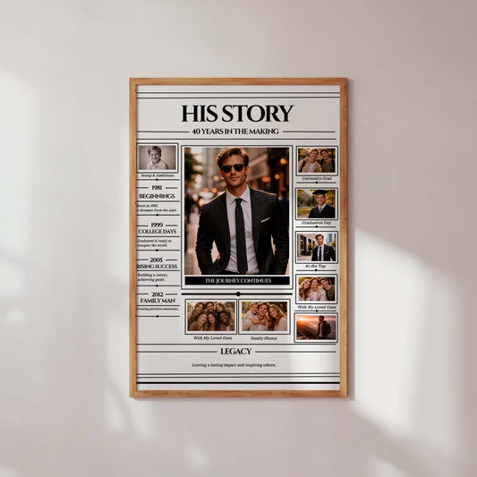 Framed newspaper-style poster with a man's portrait on a white wall.