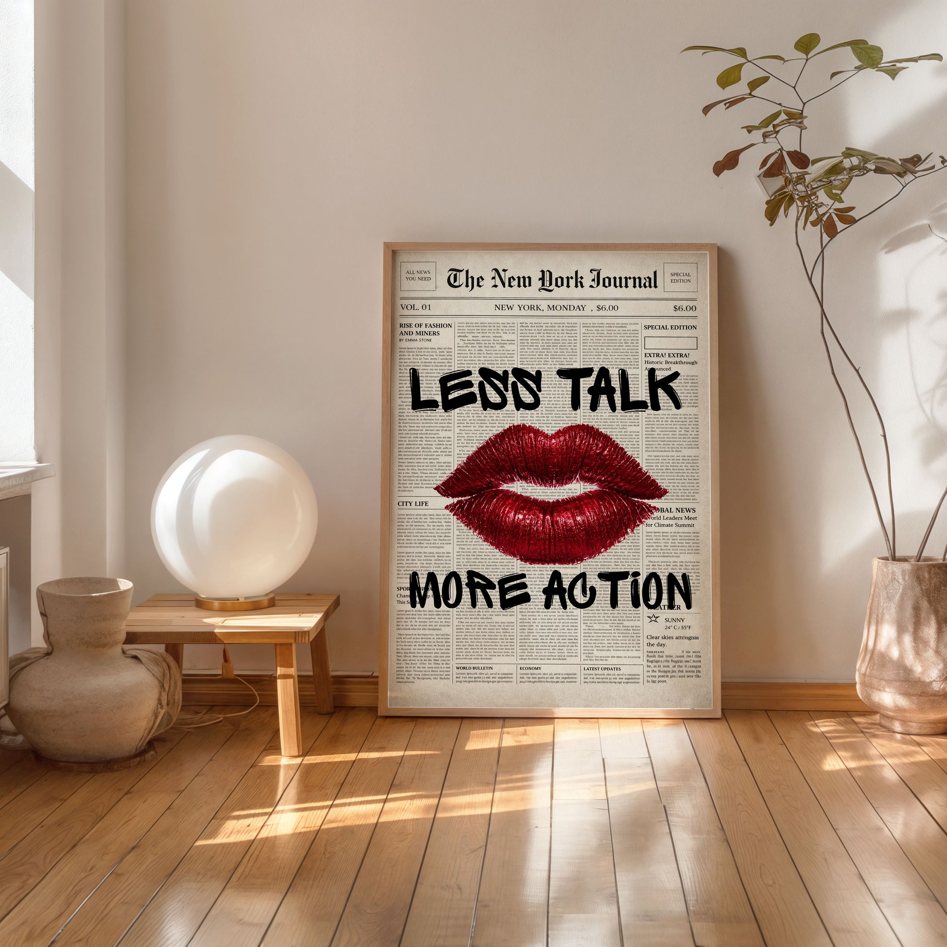 Aesthetic wall art poster red lips newspaper background design
