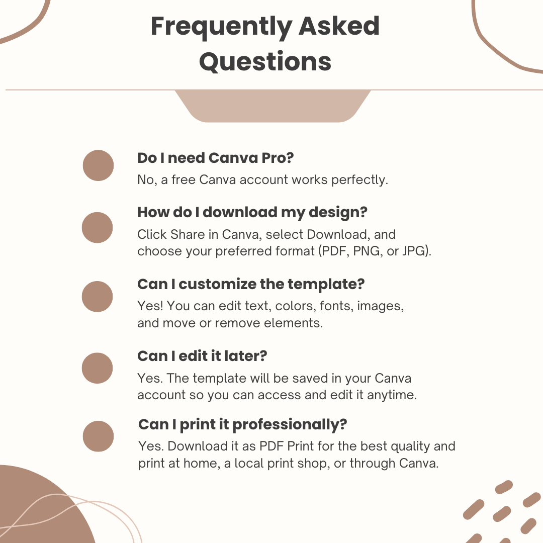 FAQ section about using Canva for design tasks on a white background with brown accents.