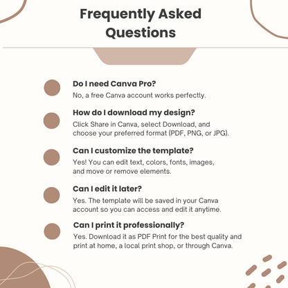 FAQ section about using Canva for design tasks on a white background with brown accents.