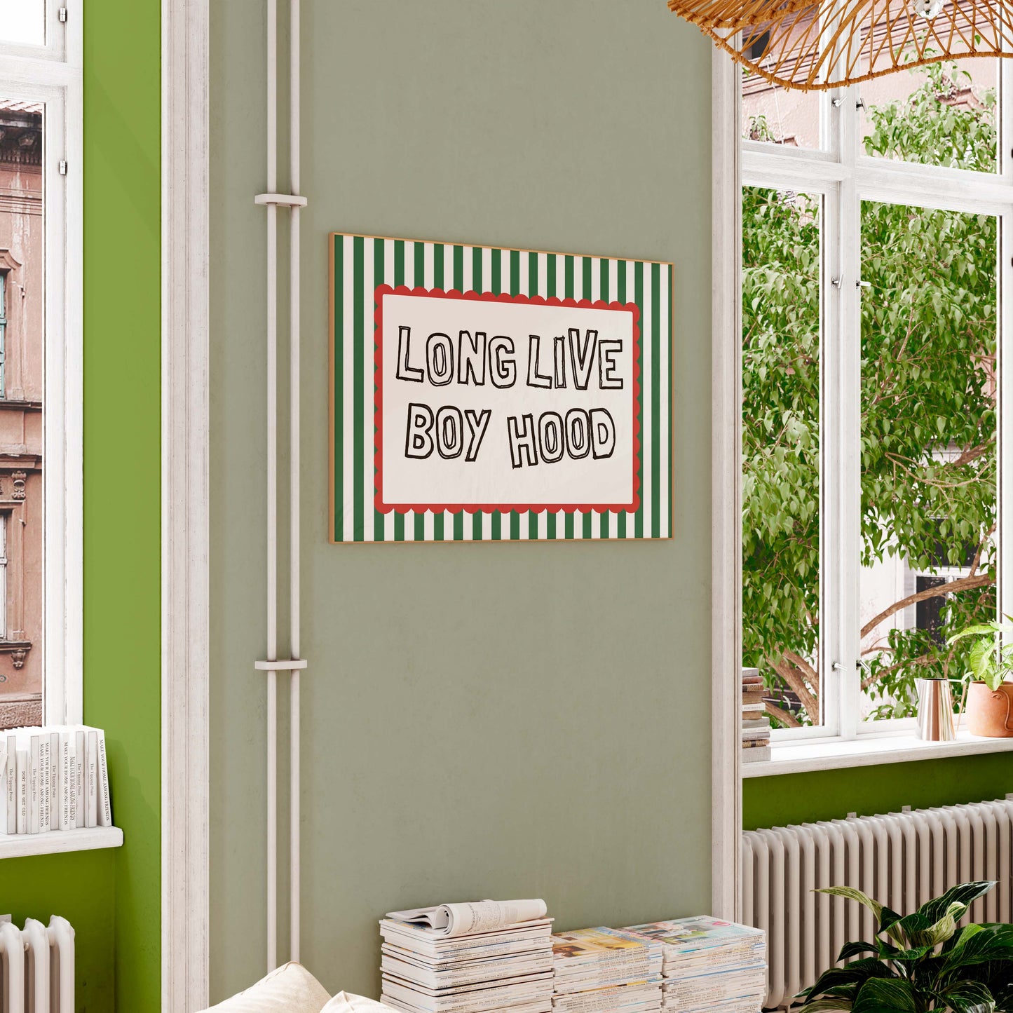 Decorative graphic poster with bold text and striped background
