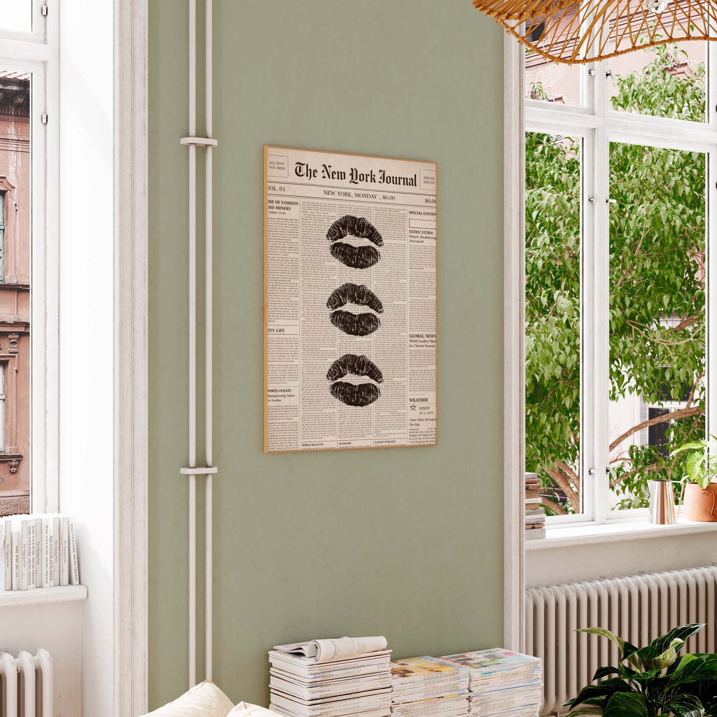 Framed newspaper with lips on a wall in a room with windows and plants
