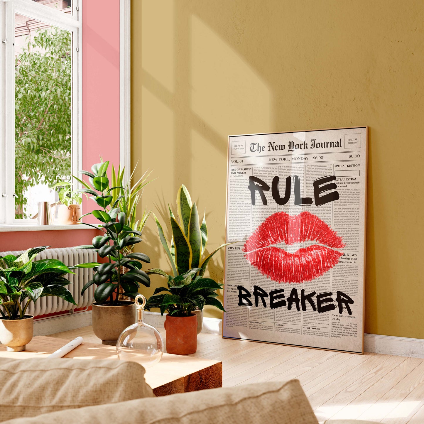 Rule Breaker Poster Lips Wall Art Modern Newspaper Style Print