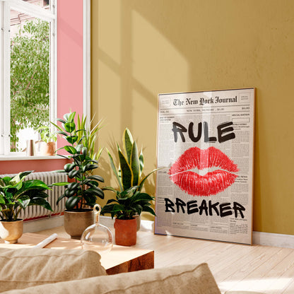 Rule Breaker Poster Lips Wall Art Modern Newspaper Style Print