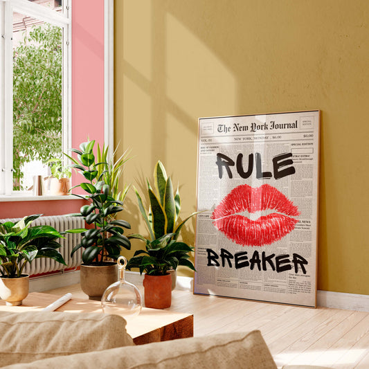 Rule Breaker Poster Lips Wall Art Modern Newspaper Style Print
