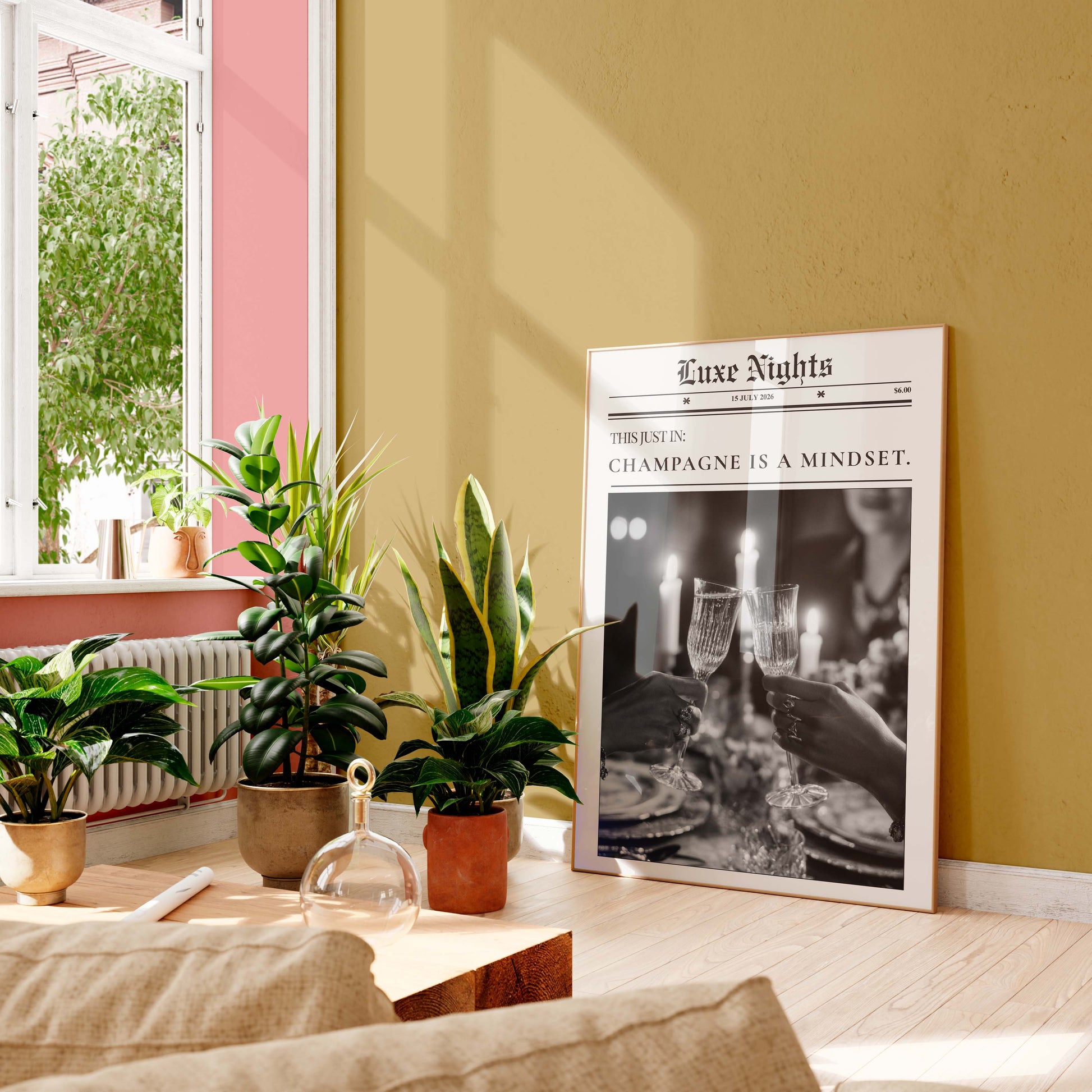 Living room with plants, a coffee table, and a framed newspaper on a yellow wall.