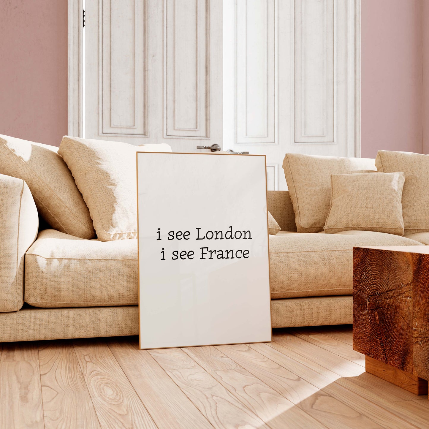 I see London I see France poster in cozy living room interior