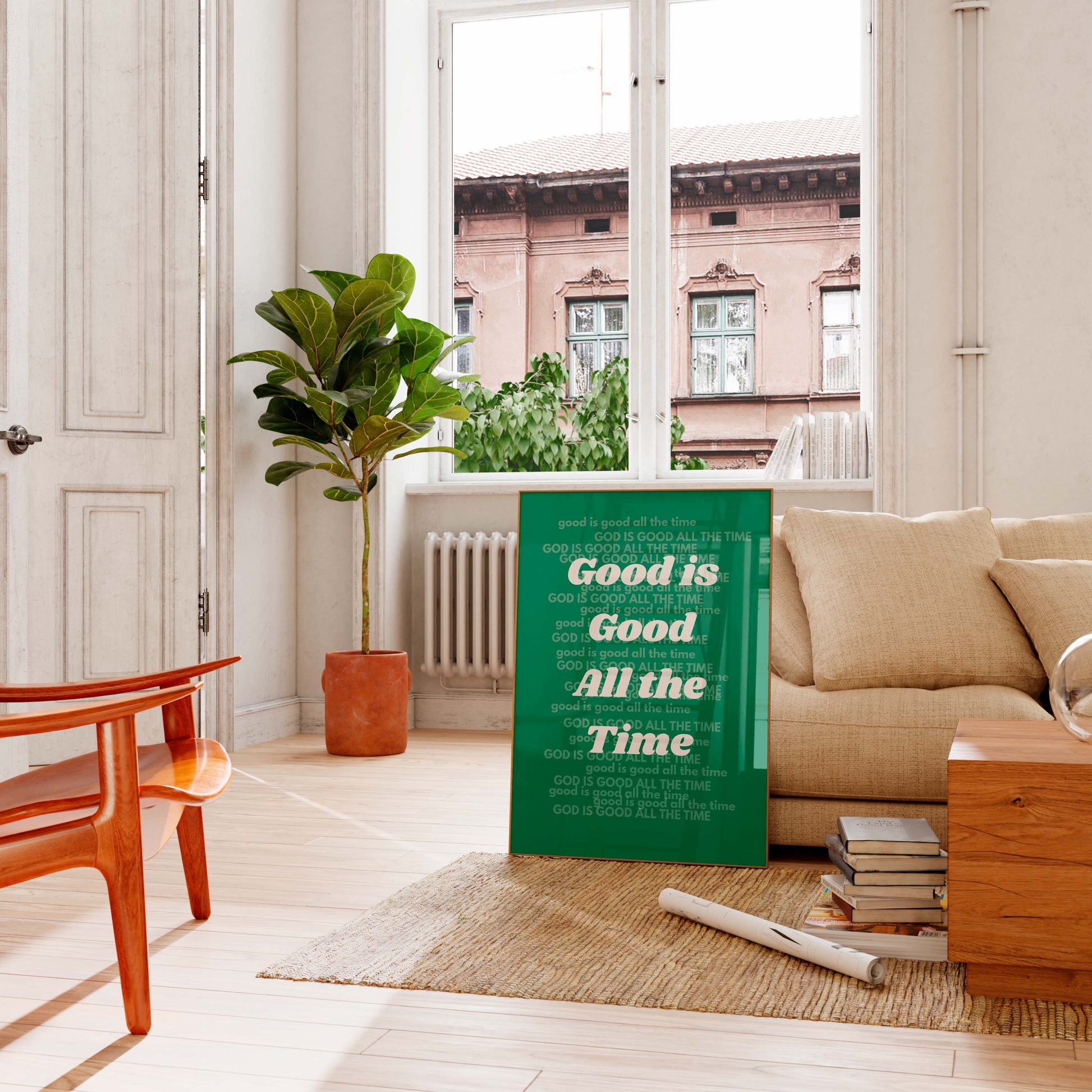 God is Good All the Time green minimalist Christian poster