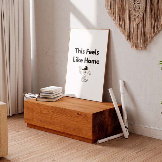 Wooden bench with a framed picture in a cozy living room setting