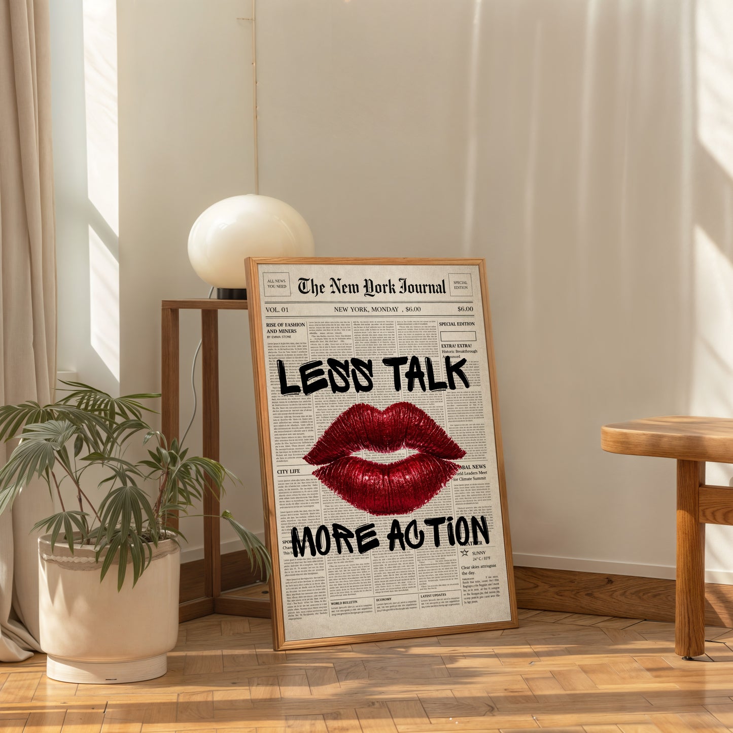 Vintage newspaper red lips print fashion wall art aesthetic