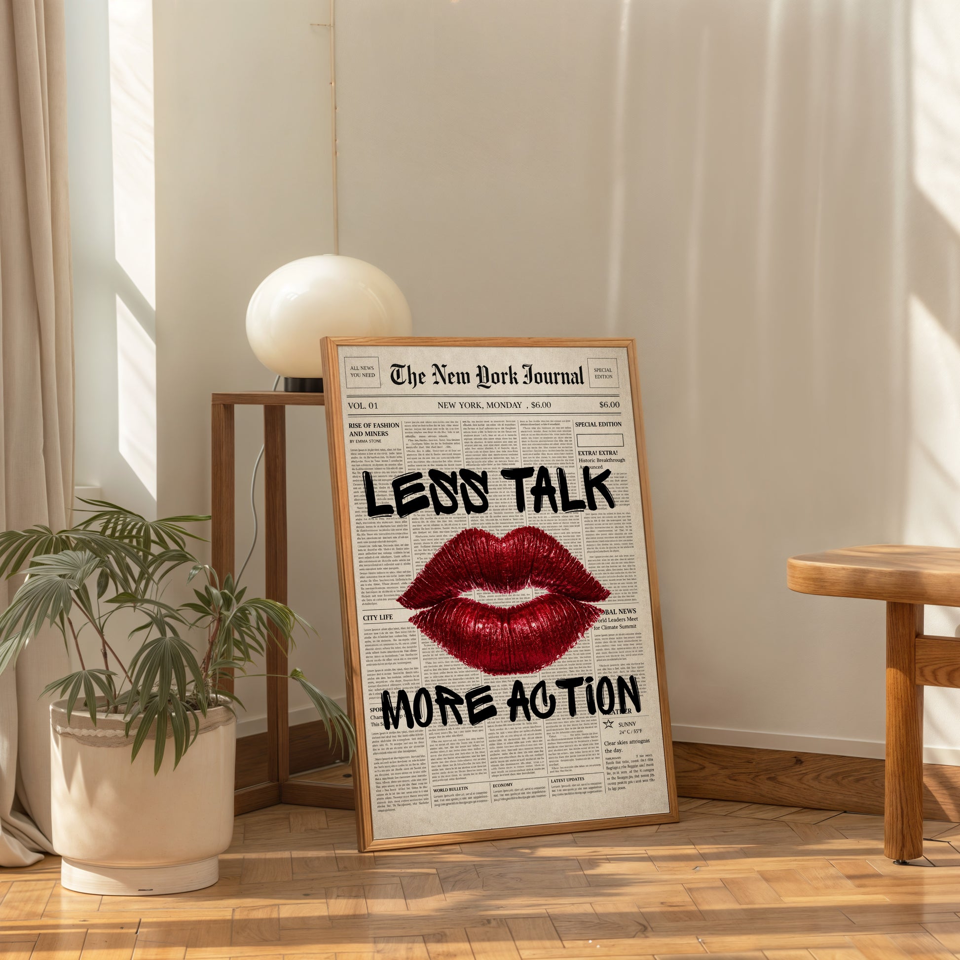 Vintage newspaper red lips print fashion wall art aesthetic