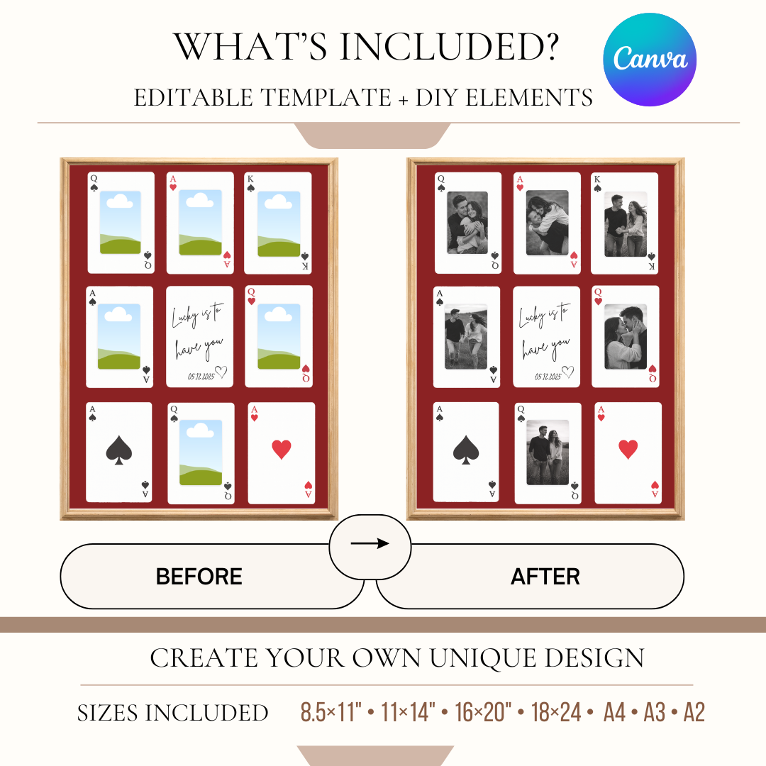 Editable playing card collage template before and after customization with photos
