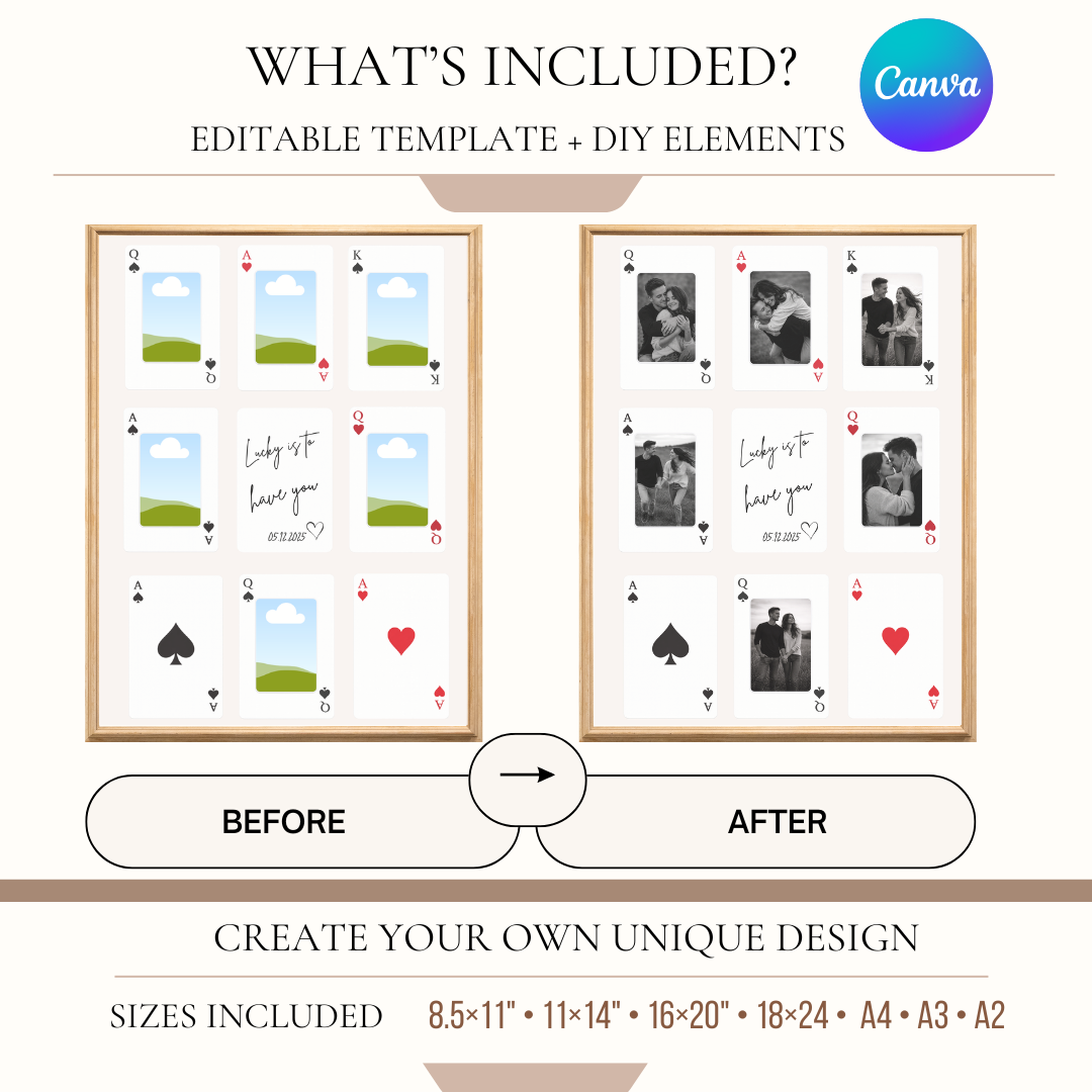 Editable Canva template before and after playing card photo collage poster customization