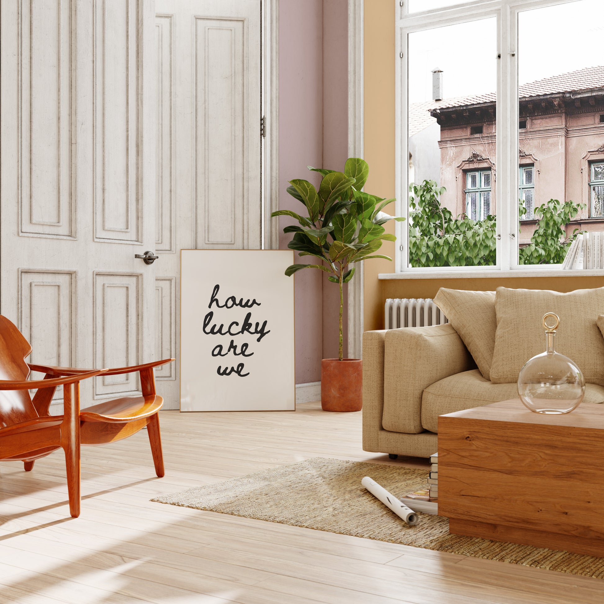 Neutral wall art poster framed in bright modern interior space