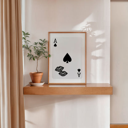 Black and white wall art ace of spades poster with lips illustration