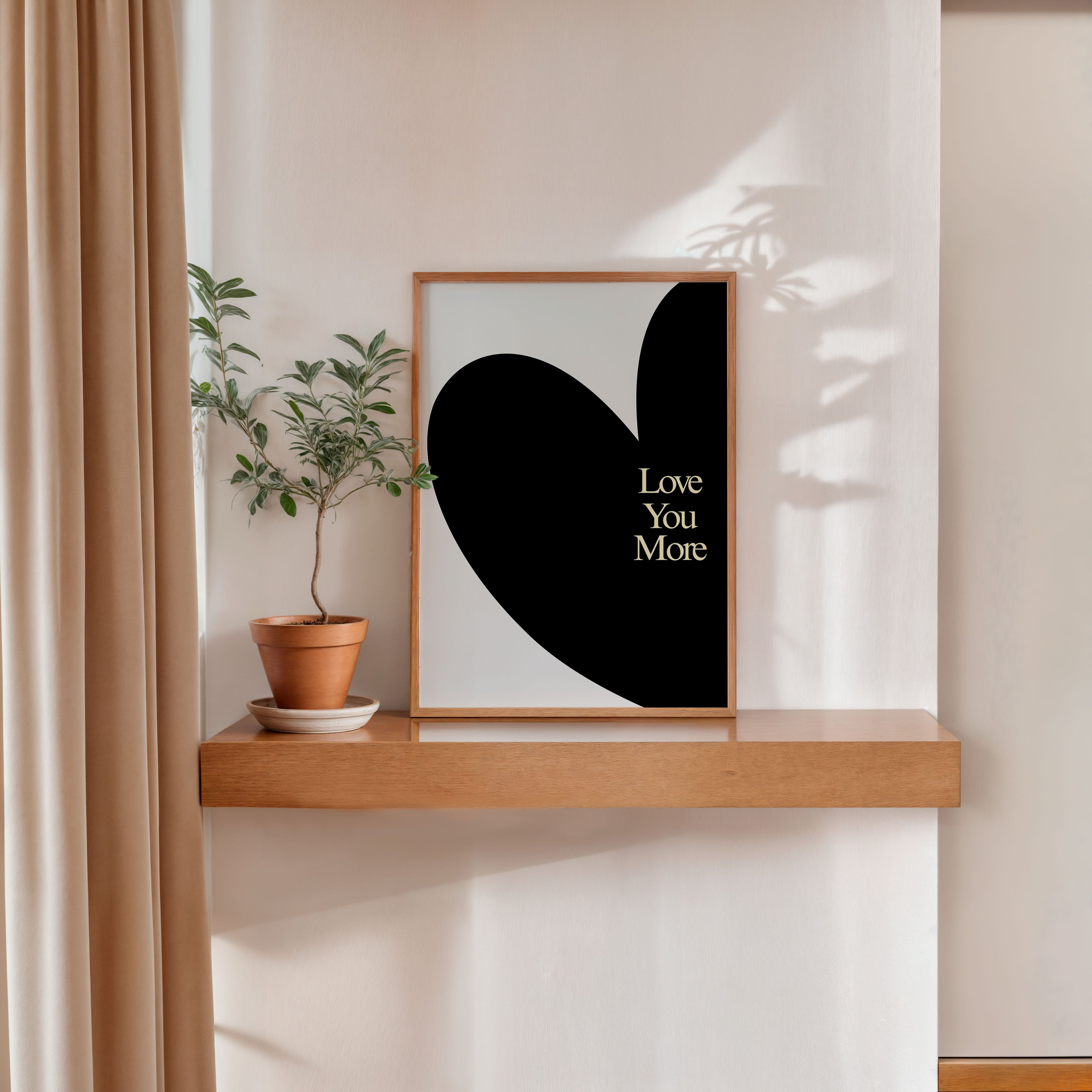Minimalist Black Heart Poster – Love You More Romantic Wall Art Print
