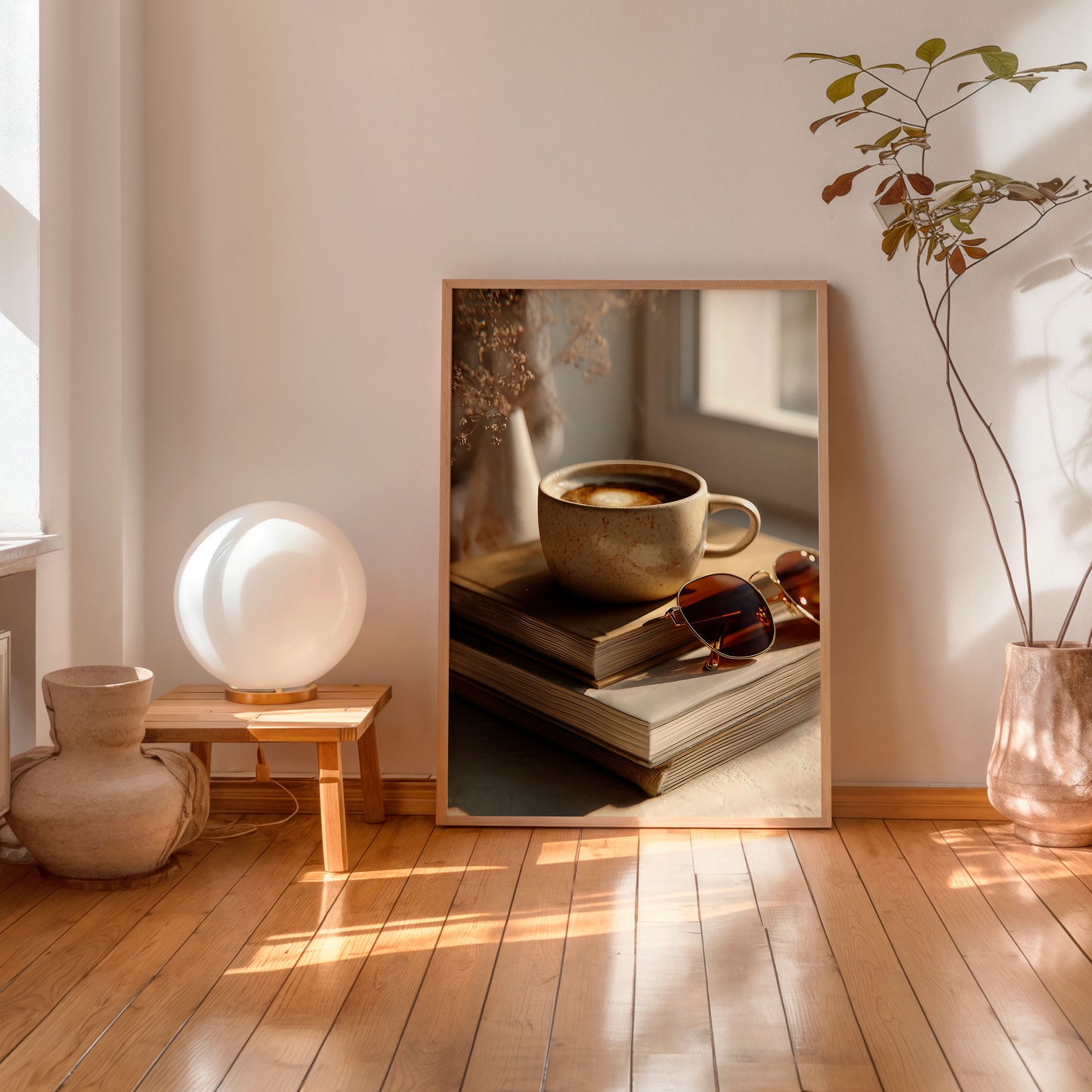 Cozy coffee aesthetic still life wall art print with books