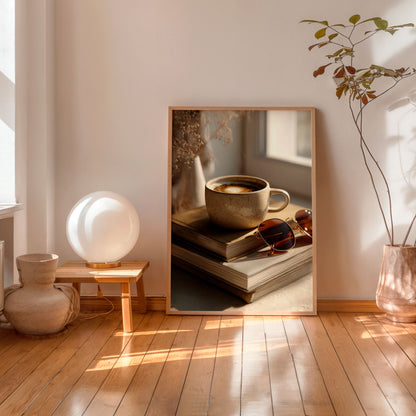 Cozy coffee aesthetic still life wall art print with books