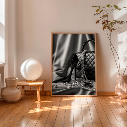 Designer handbag with pearls black and white aesthetic wall art