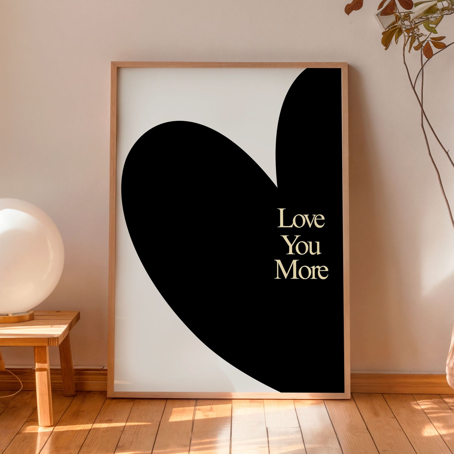 Minimalist Black Heart Poster – Love You More Romantic Wall Art Print