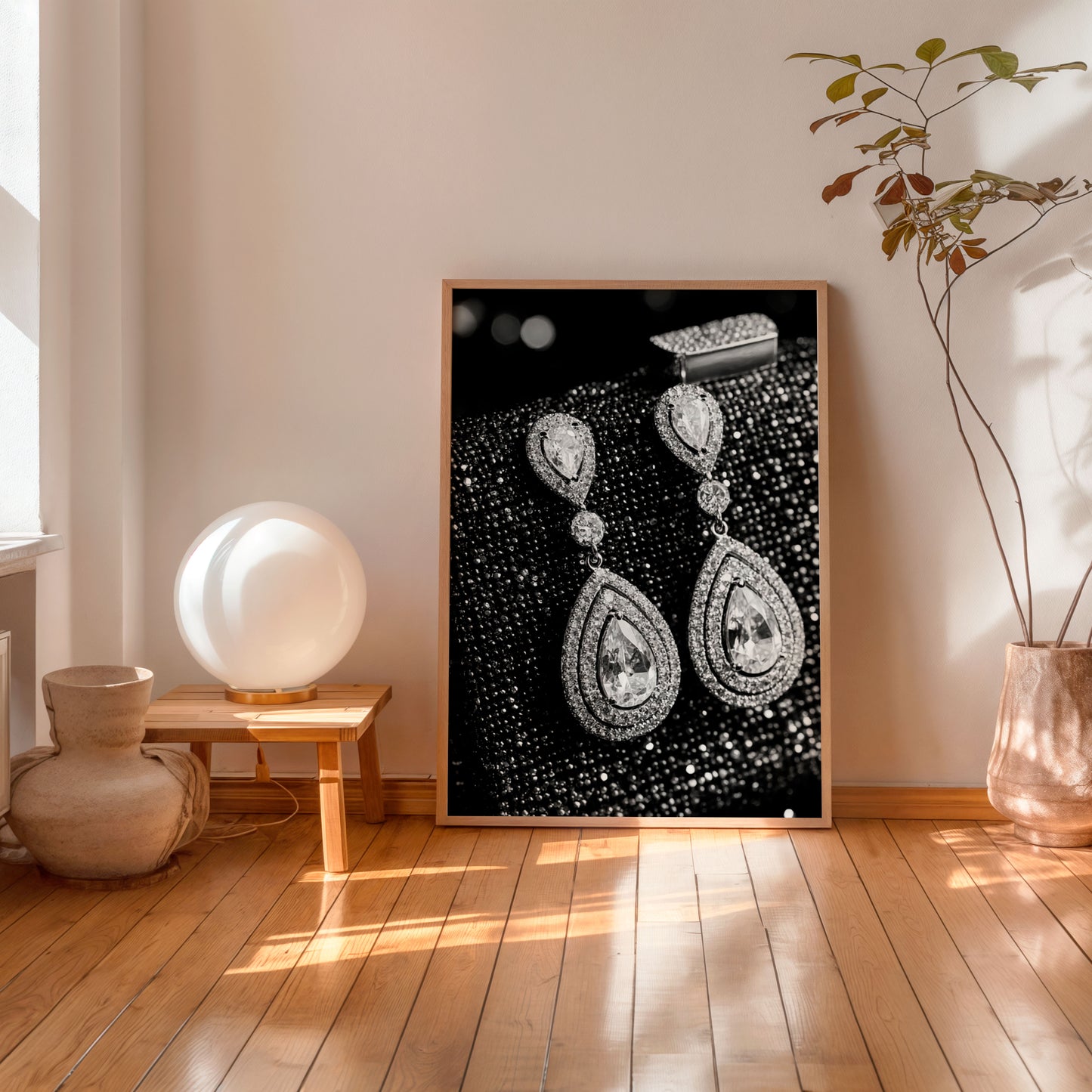 Luxury diamond earrings black and white fashion poster