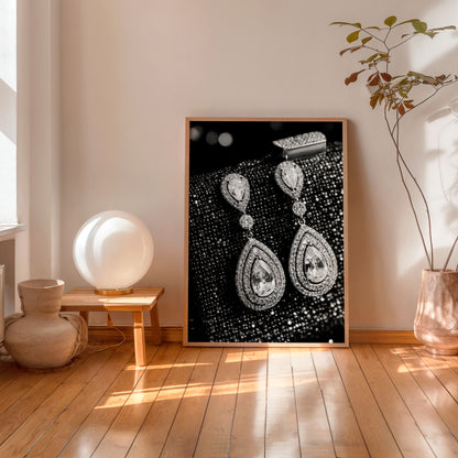 Luxury diamond earrings black and white fashion poster