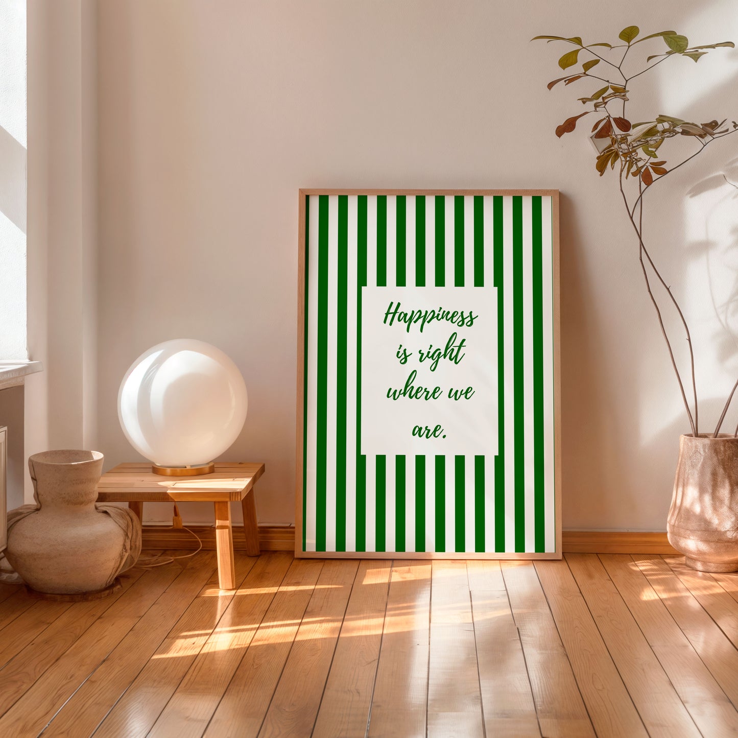Modern green stripe wall decor with typography quote