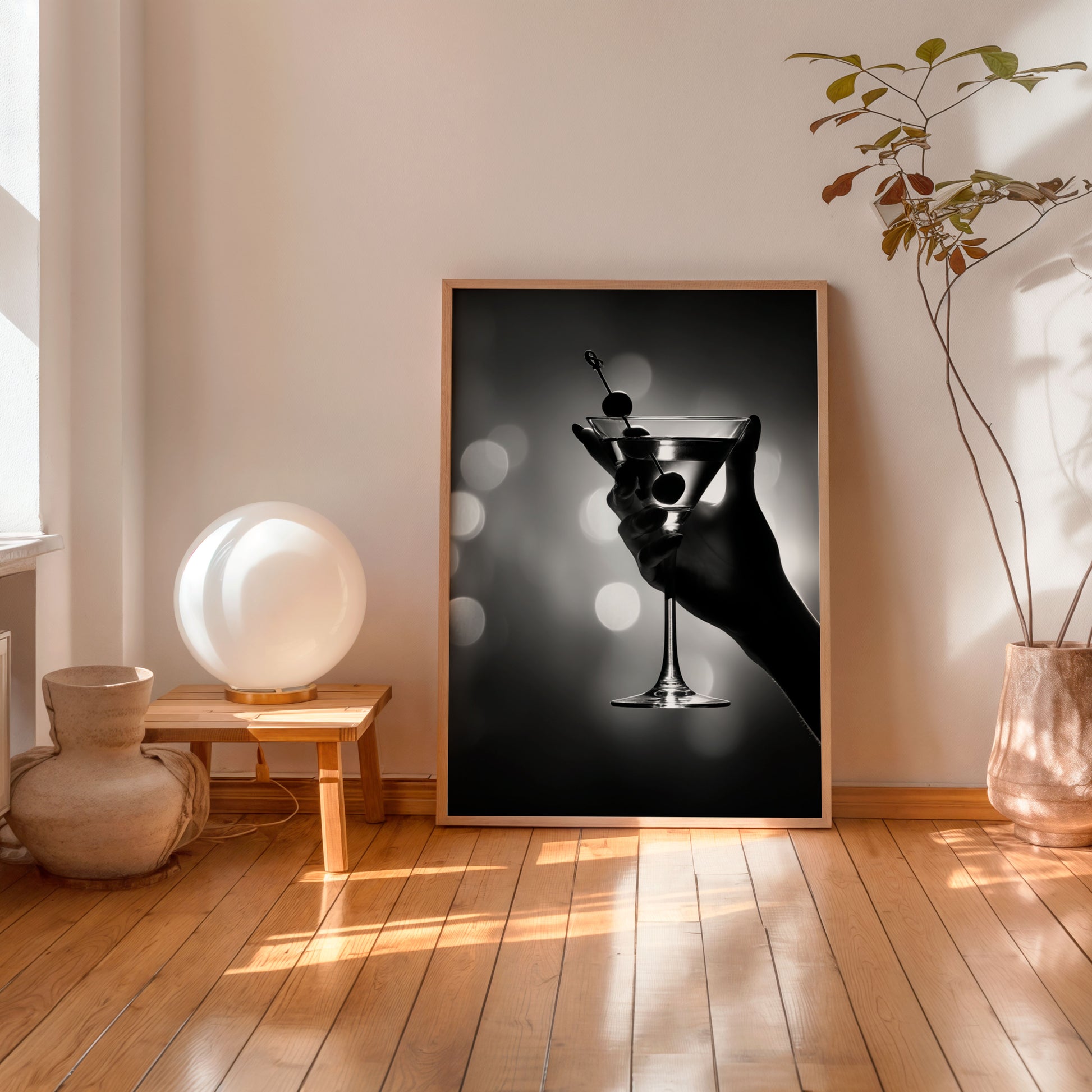 Martini cocktail glass black and white glam wall art