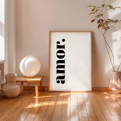 Minimalist Amor typography poster in wooden frame vertical layout