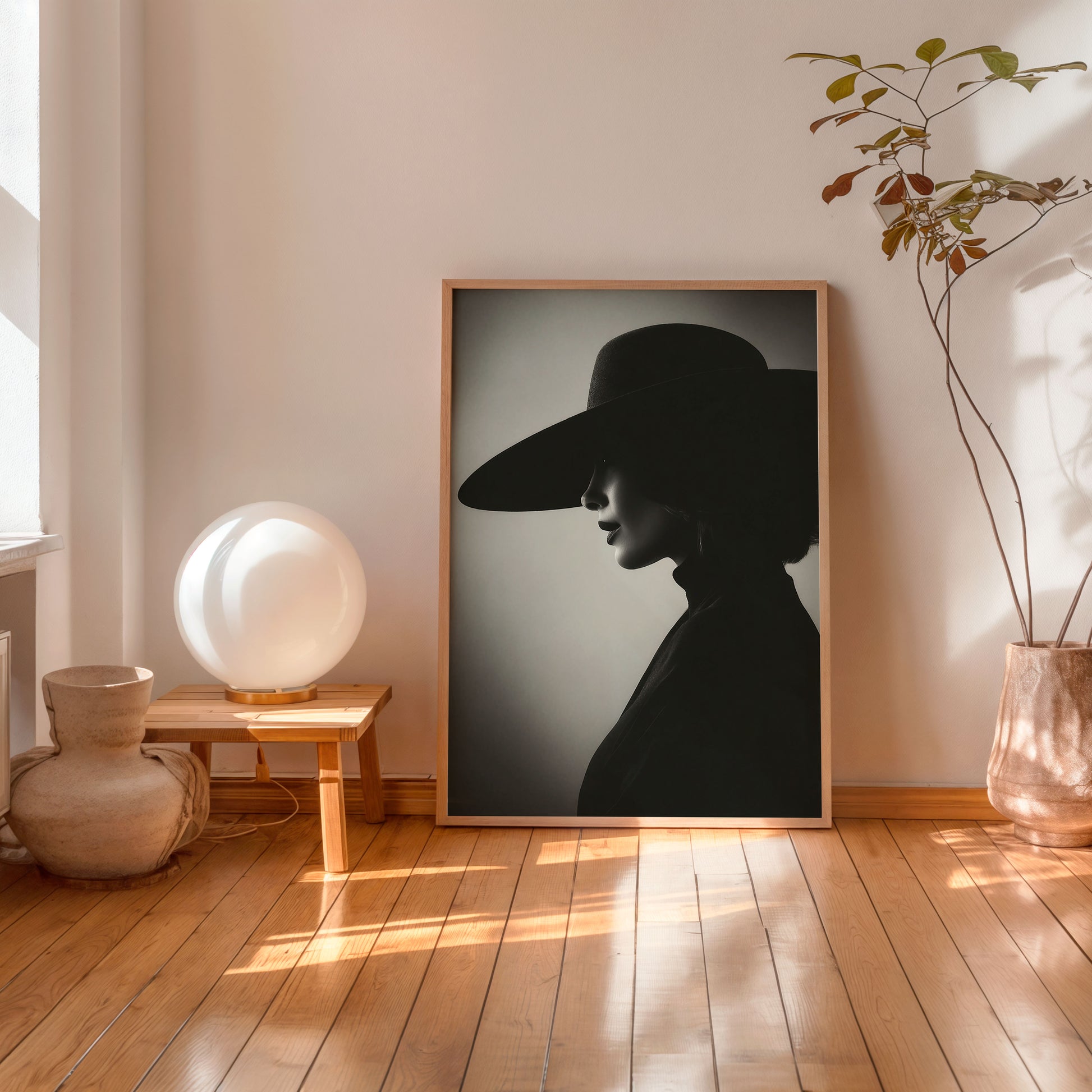 Minimalist portrait of woman with hat black and white photography