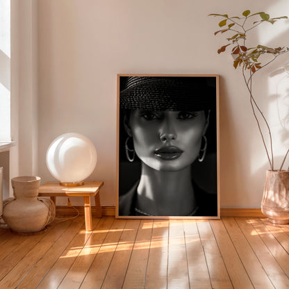 Black and white fashion portrait poster, elegant woman in hat