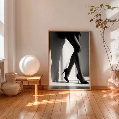 Black and white fashion wall art print with woman in high heels