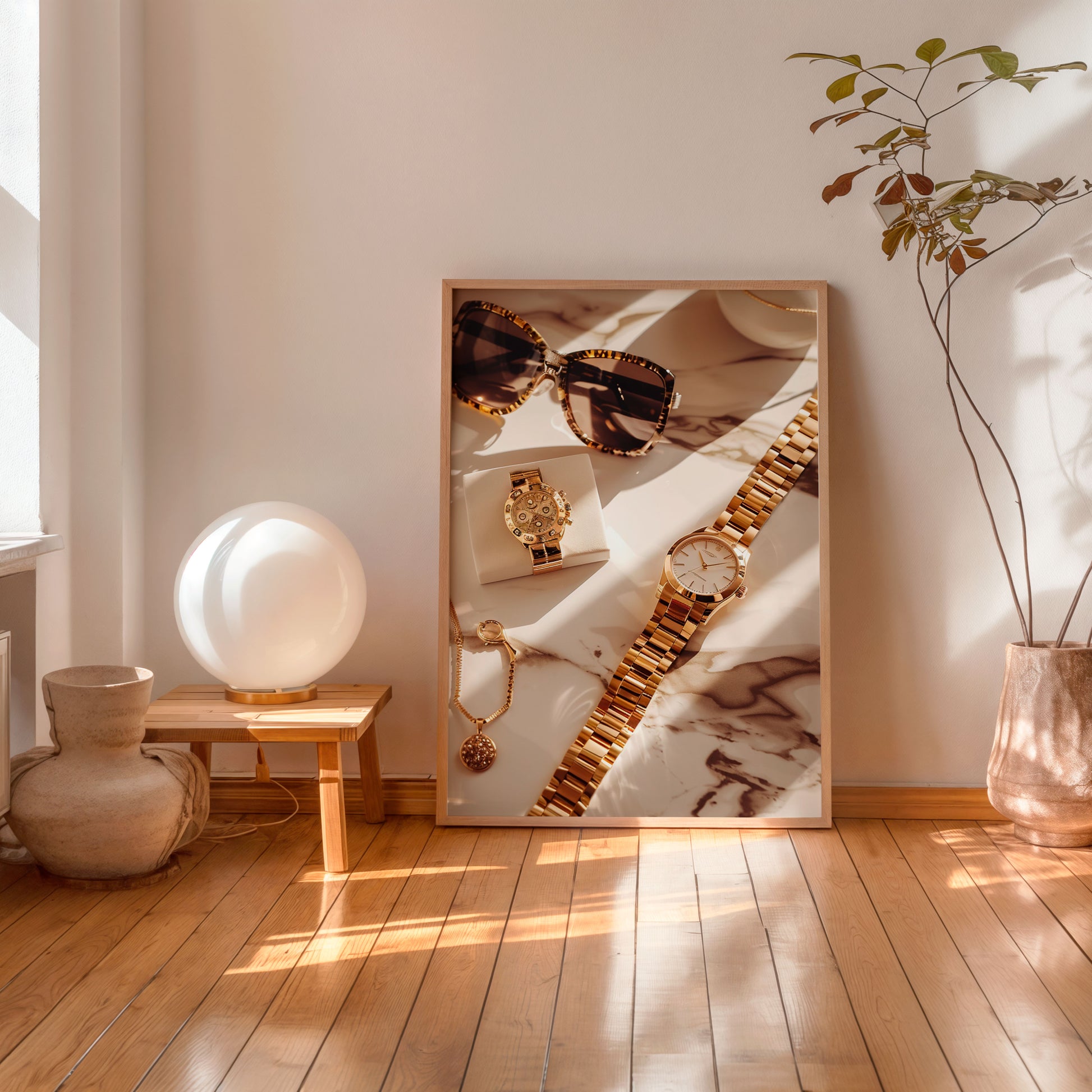 Luxury jewelry flat lay poster with gold accessories and sunglasses