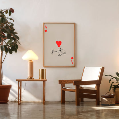 Minimalist ace of hearts poster with red hearts and romantic quote
