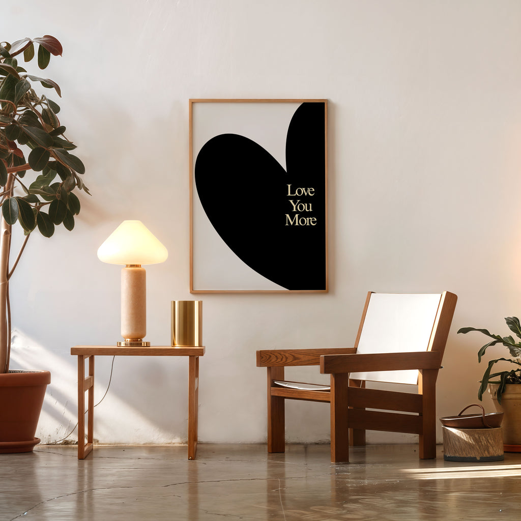Minimalist Black Heart Poster – Love You More Romantic Wall Art Print