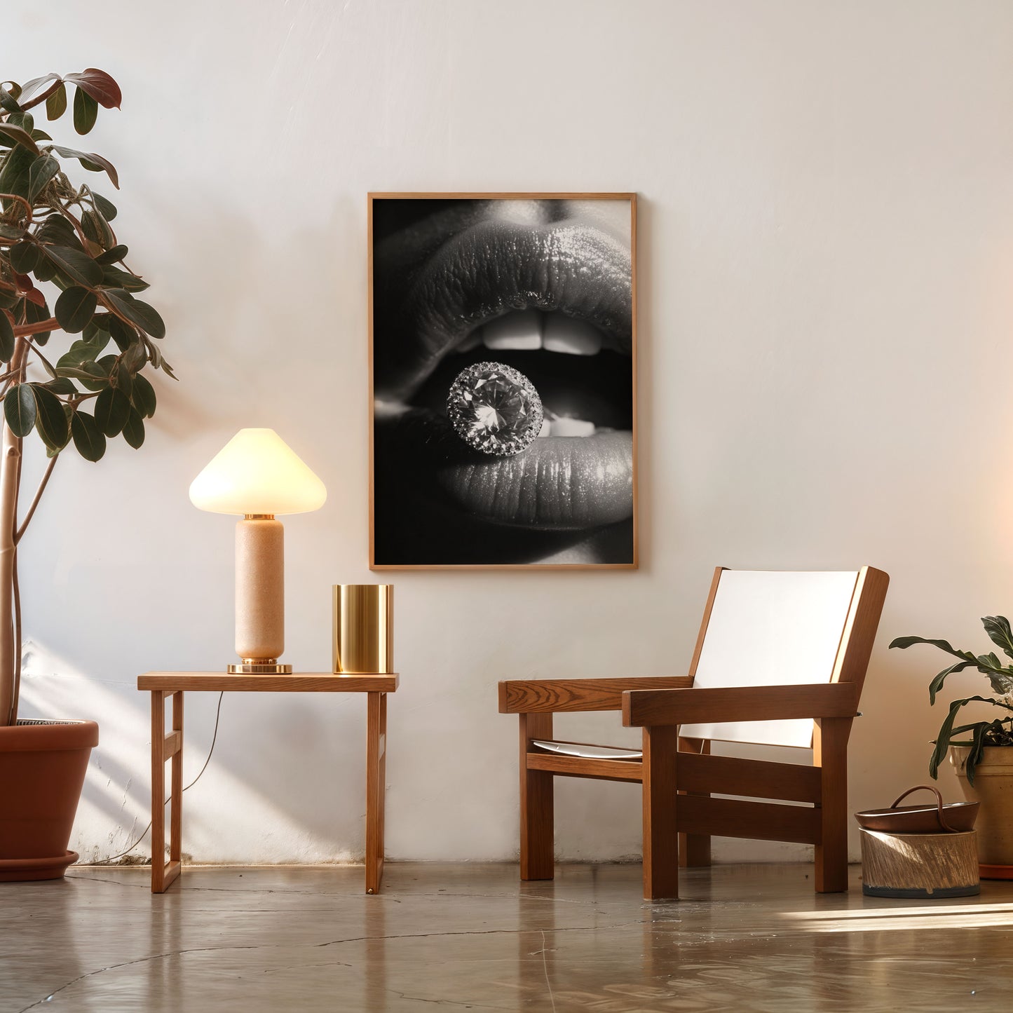 Black and white lips holding diamond luxury wall art print