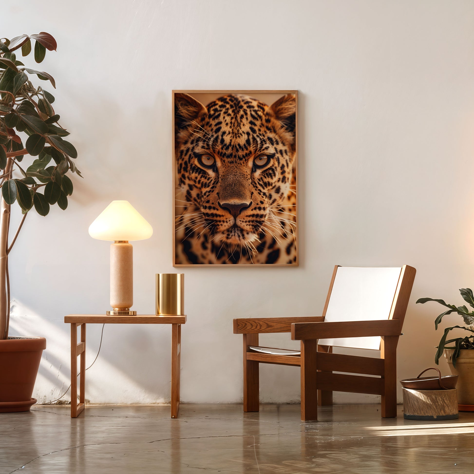Luxury leopard wall art print, close-up wildlife portrait in warm tones