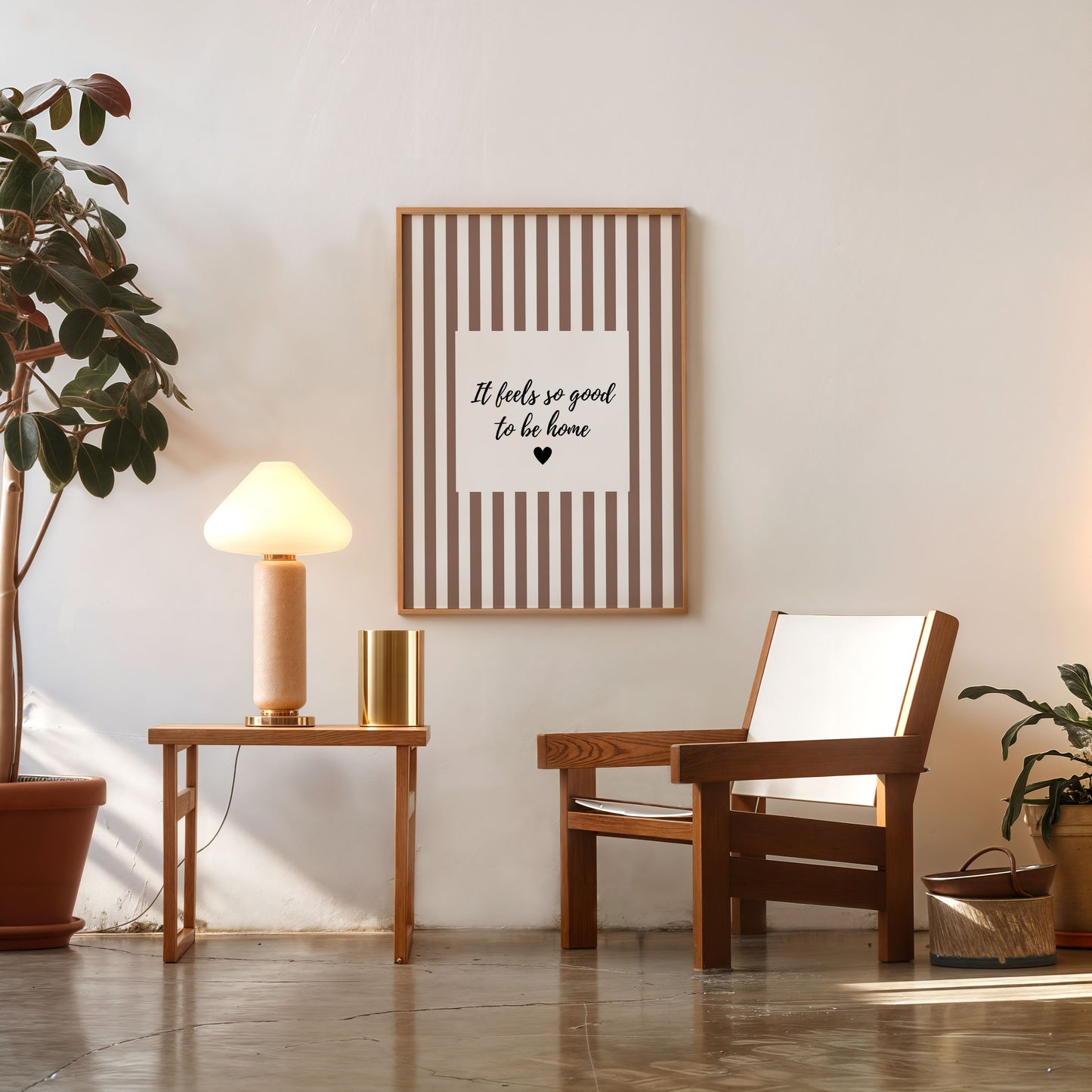 Modern beige and white striped wall decor with typography