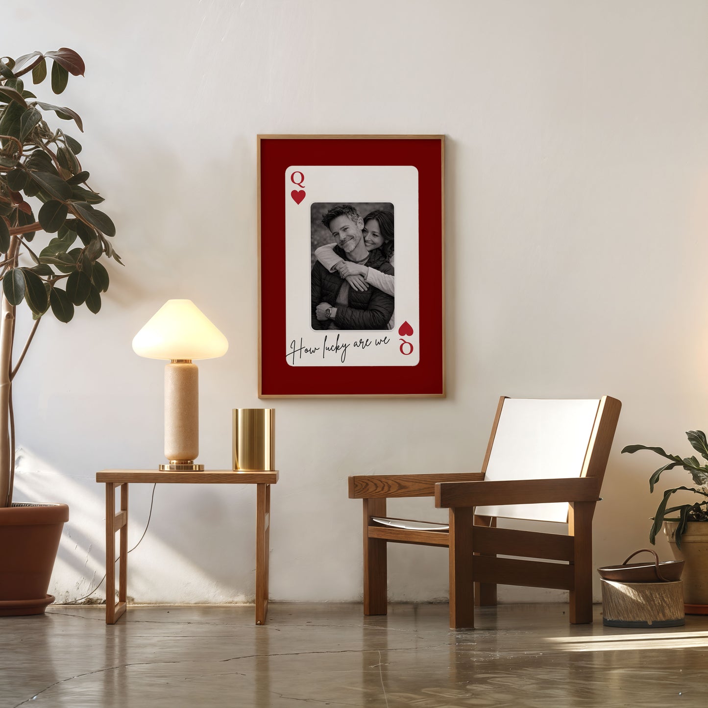 Framed personalized Queen of Hearts poster with romantic couple photo wall art