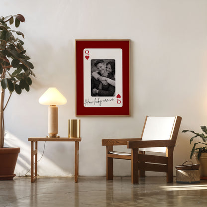 Framed personalized Queen of Hearts poster with romantic couple photo wall art