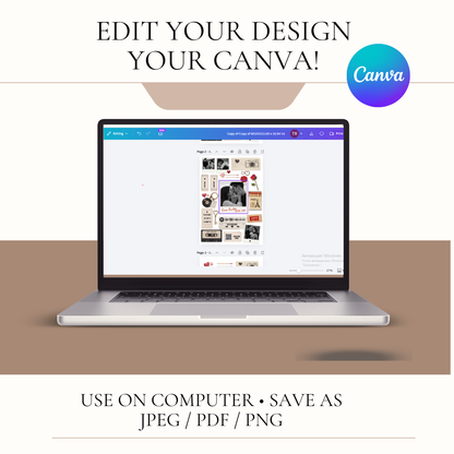 Laptop displaying Canva design software on a white background with text promoting editing and saving designs.