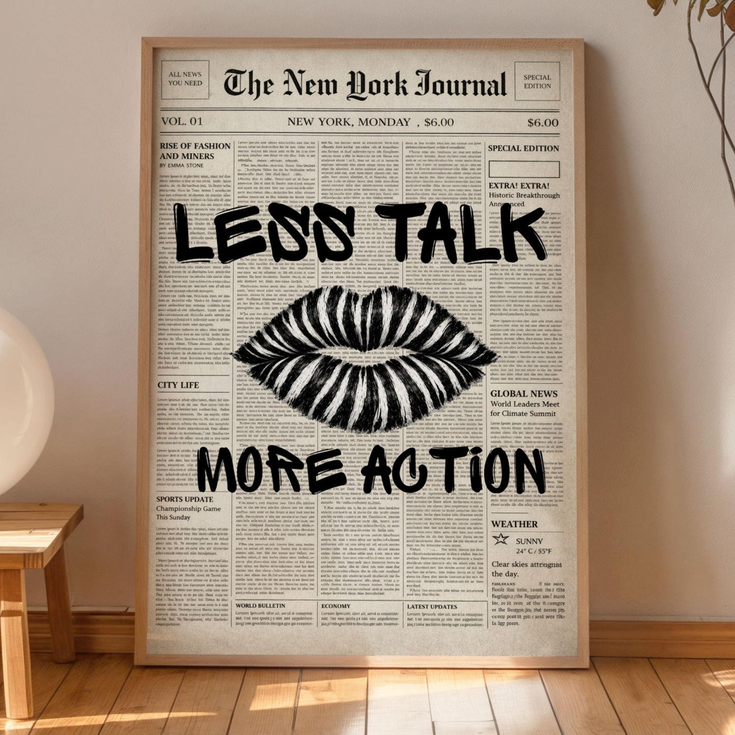 Newspaper Lips Poster Let’s Talk More Action Typography Wall Art