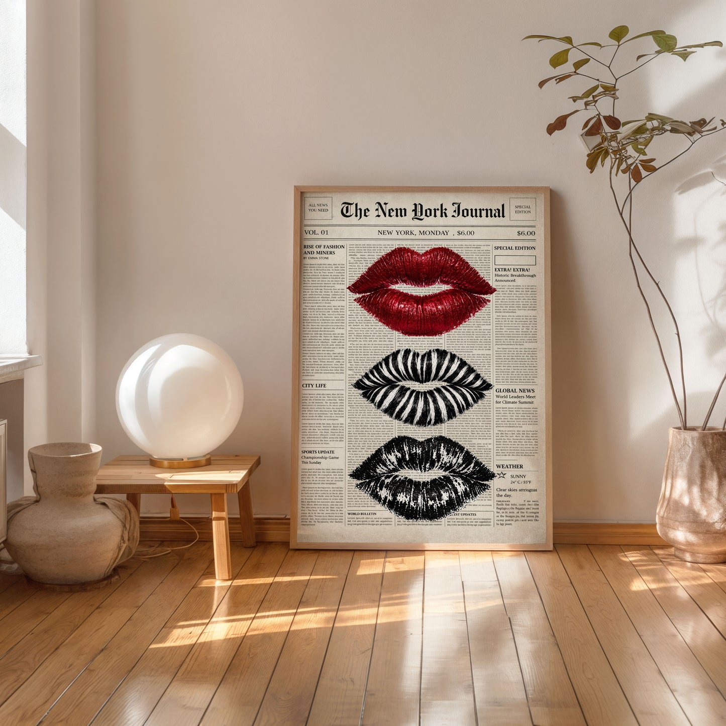 Vintage Newspaper Lips Poster Fashion Wall Art Aesthetic Print