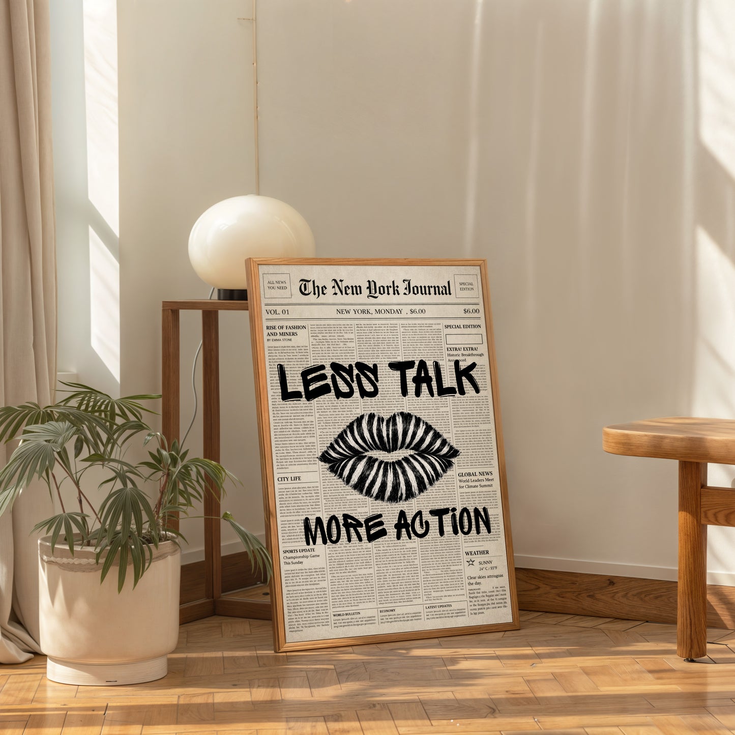 Typography poster with lips design aesthetic newspaper background