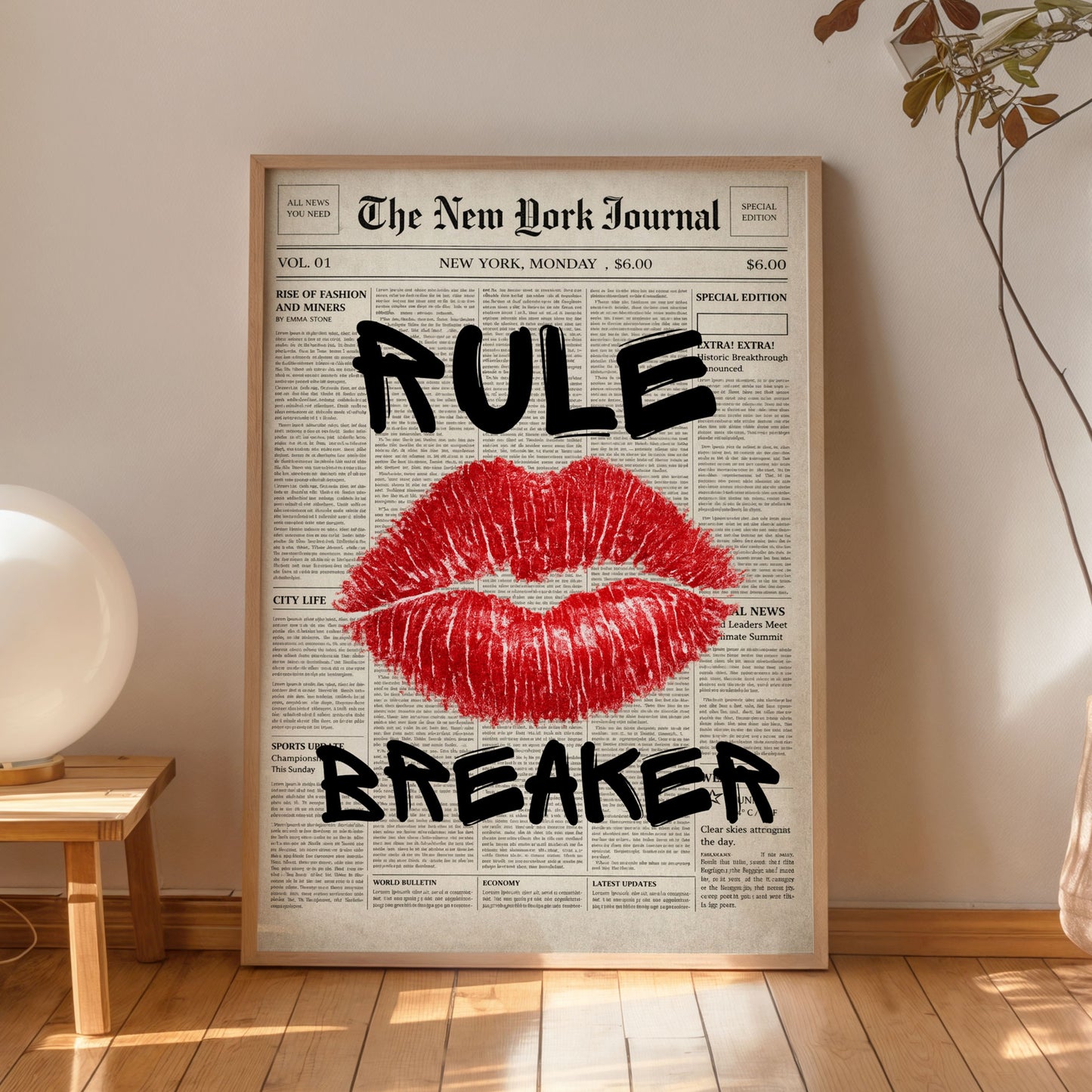 Rule Breaker poster with red lips on newspaper background wall art