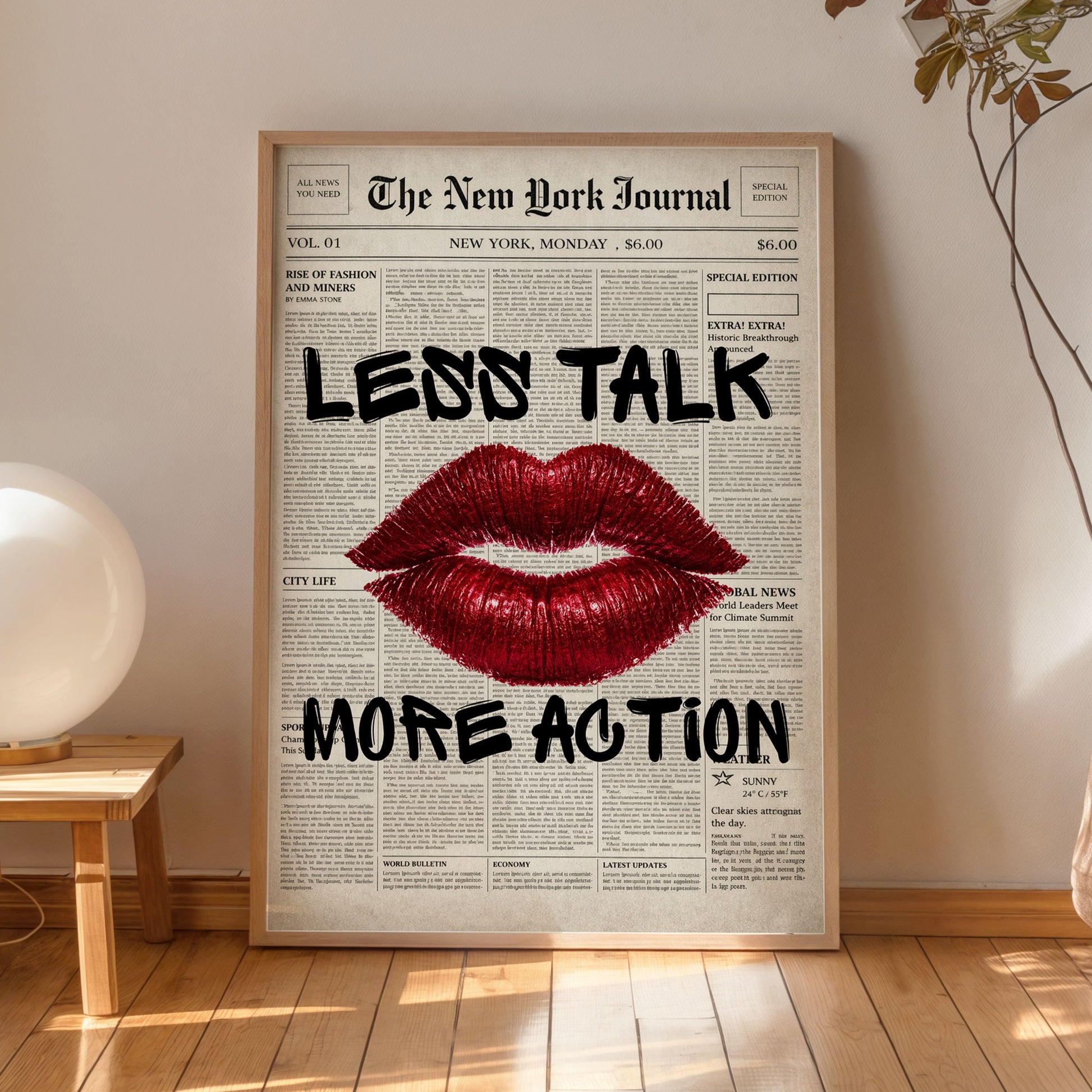 Newspaper lips poster with red lips and typography wall art